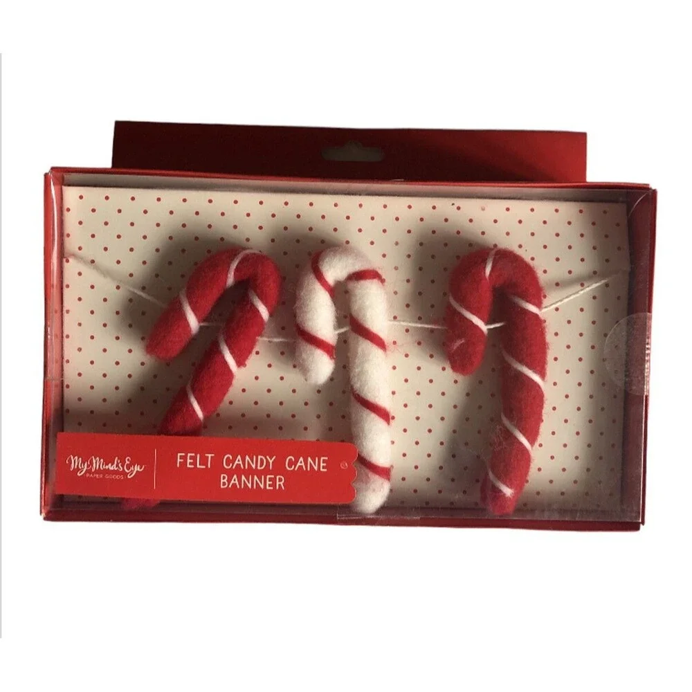 Minds Eye Christmas 20 Felt Candy Canes 7 Ft Tree Mantle Garland Wool Red White